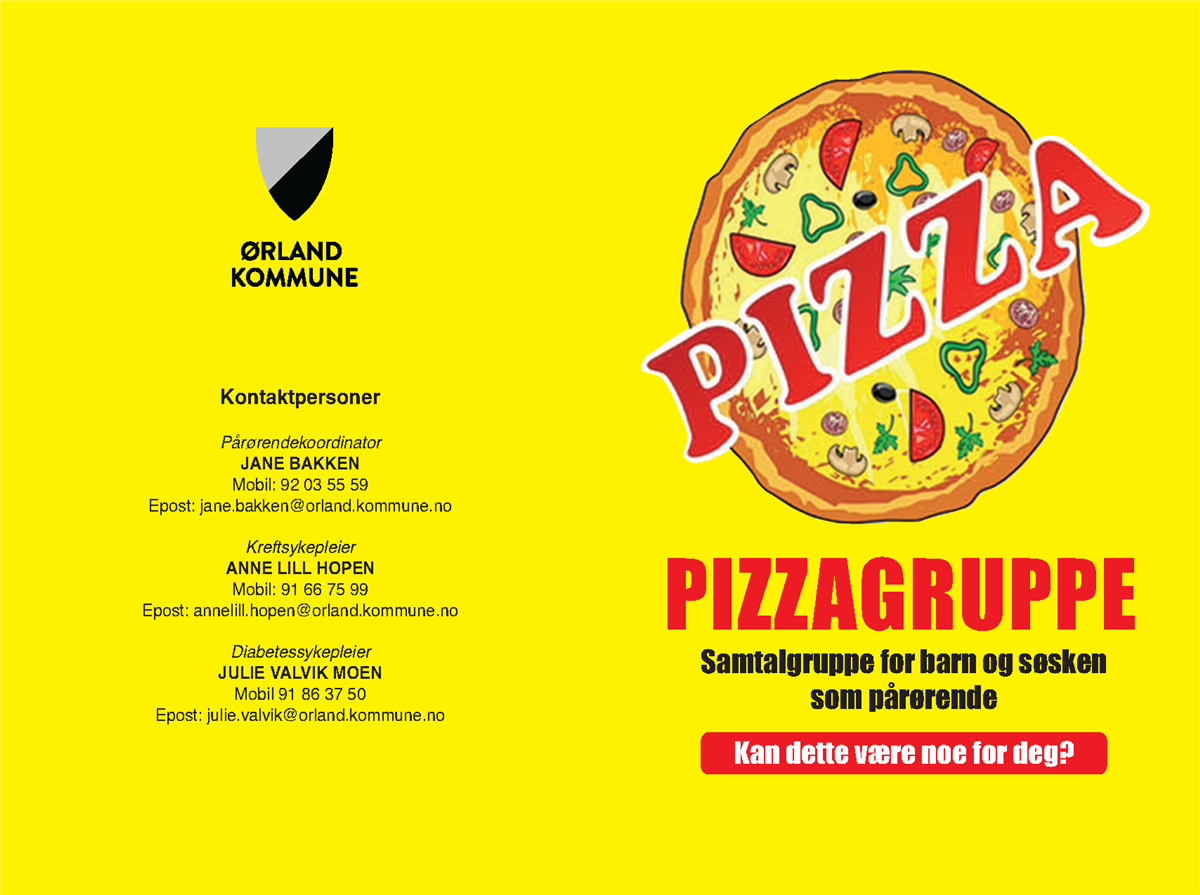 Plakat med kontaktinfo, bildet av en pizza gul bakgrunn - Klikk for stort bilde