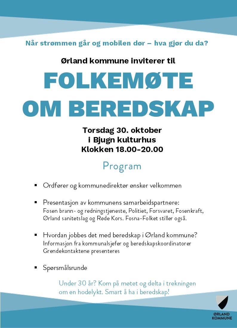 Plakat om folkemøte med samme informasjon som fremkommer i tekst.  - Klikk for stort bilde