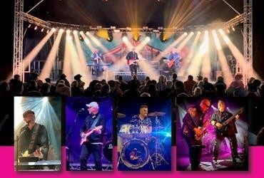Viser bildet av bandet Dire Straits og en scene med publikum foran