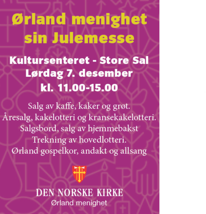 Plakat med info om Ørland menighet sin julemesse, rosa bakgrunn hvit og orange skrift