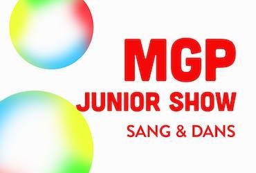 Plakat med to ballonger og teksten MGP Junior Show sang og dans - Klikk for stort bilde