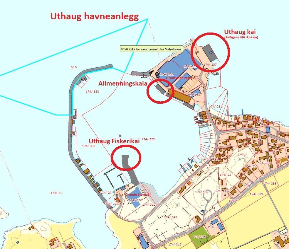 Utsnitt av kart som viser Uthaug havneområde - Klikk for stort bilde