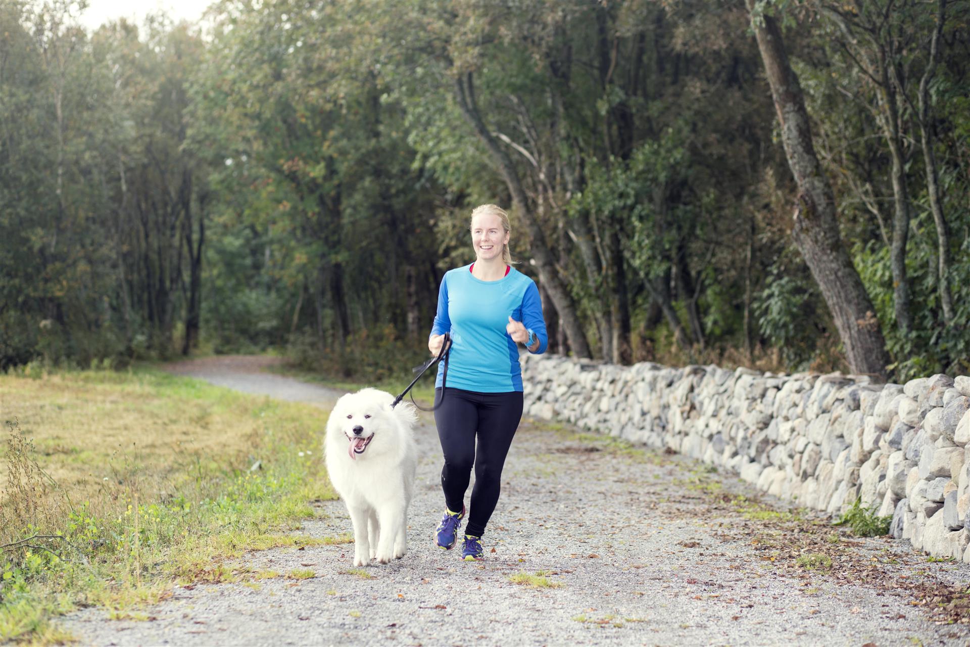 Hund og dame som løper. Bånd.