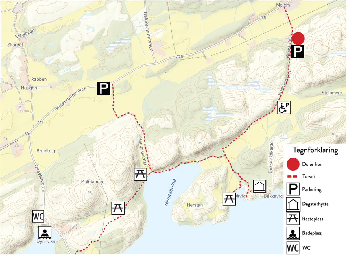 Utsnitt av kart som viser to veier til dagsturhytta. Beskrivelse av veien finner du på orland.no.