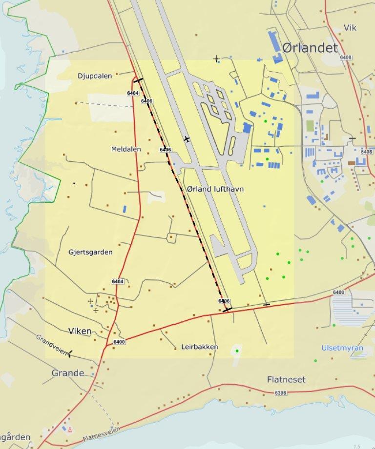 Utsnitt av kart over Ørland lufthavn.  - Klikk for stort bilde