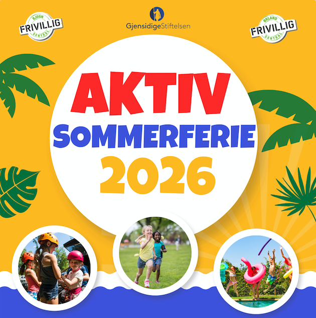 Plakat for Aktiv Sommerferie 2026 med bilder av barn i aktivitet og sommerlig design
