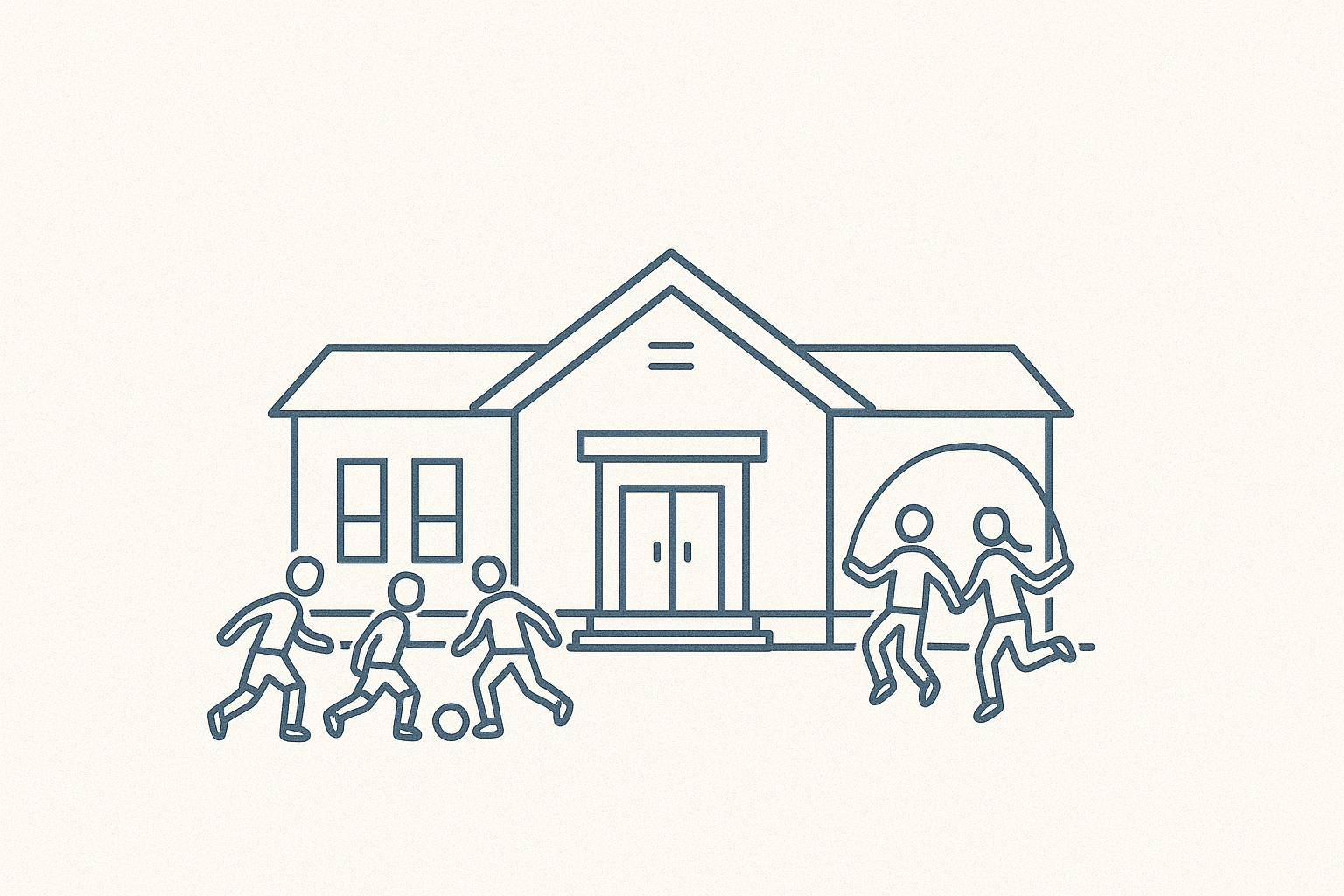 Illustrasjon av skole med barn som leker i forgrunnen.